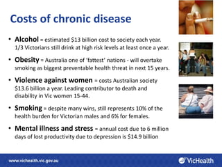 Costs of chronic disease
                                   e
• Alcohol = estimated $13 billion cost to society each year.
  1/3 Victorians still drink at high risk levels at least once a year.

• Obesity = Australia one of ‘fattest’ nations - will overtake
  smoking as biggest preventable health threat in next 15 years.

• Violence against women = costs Australian society
  $13.6 billion a year. Leading contributor to death and
  disability in Vic women 15-44.

• Smoking = despite many wins, still represents 10% of the
  health burden for Victorian males and 6% for females.

• Mental illness and stress = annual cost due to 6 million
  days of lost productivity due to depression is $14.9 billion
 
