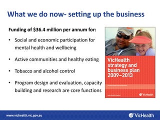 What we do now- setting up the business
Funding of $36.4 million per annum for:
• Social and economic participation for
  mental health and wellbeing

• Active communities and healthy eating

• Tobacco and alcohol control

• Program design and evaluation, capacity
  building and research are core functions
 