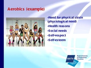 Aerobics (example) Need for physical strain (physiological need) Health reasons  Social needs Self-respect Self-esteem 