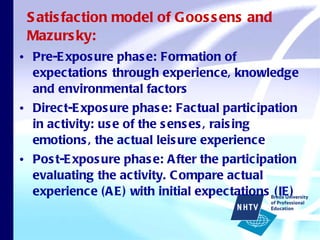 Satisfaction model of Goossens and Mazursky: Pre-Exposure phase: Formation of expectations through experience, knowledge and environmental factors Direct-Exposure phase: Factual participation in activity: use of the senses, raising emotions, the actual leisure experience Post-Exposure phase: After the participation evaluating the activity. Compare actual experience (AE) with initial expectations (IE) 