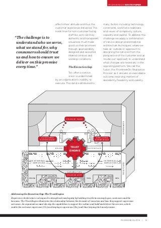 FROMHEREON WHITE PAPER
13FROMHEREON.COM |
EXPERIENCEBR A N D
EXT E RN A L
SE RVIC E S
I NTERNAL
SERVI CES
CAPABILITIES
PROMISE KEPT
EMPLOYEE
EXPERIENCE
CUSTOMER
EXPERIENCE
PR OM I SE M A DE
EXECUTIONEXPERIENCE
TRUST
ENGINE
PEOPLE PROCESS TECH. INFO.
“The challenge is to
understand who we serve,
what we stand for, why
consumers should trust
us and how to ensure we
deliver on this promise
every time.”
affects their attitude and thus the
customer experience delivered. This
holds true for non-customer facing
staff too as to be truly
authentic and transparent
a business must make
good on their promises
through appropriately
designed and executed
internal services and
working conditions.
The Execution Gap
Too often a service
vision is undermined
by an organisation’s inability to
execute. This can be attributed to
many factors including technology
constraints, workforce readiness,
and issues of complexity, culture,
capacity and capital. To address this
challenge we apply a combination
of service design and enterprise
architecture techniques, where we
take an ‘outside-in’ approach to
designing the services from the
perspective of the customer and an
‘inside-out’ approach to understand
what changes are necessary in the
operating platform. We call this
fusion the ‘FromHereOn Realisation
Process’ as it ensures an executable
outcome, resolving matters of
desirability, feasibility and viability.
Addressing the Execution Gap: The Trust Engine
Experience Architecture is designed to strengthen brand equity by building trust between employees, customers and the
business. The Trust Engine illustrates the relationship between the elements of execution and how they support experience
outcomes. An organisation must develop the capabilities to support the culture and build and deliver the services, which
enable the customer experience (Cx) and employee experience (Ex), and thus keeping the brand promise.
 