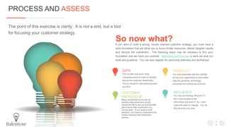 The point of this exercise is clarity. It is not a end, but a tool
for focusing your customer strategy.
PROCESS AND ASSESS
So now what?If you want to build a strong, results oriented customer strategy, you must have a
solid foundation that will allow you to focus limited resources, deliver tangible results
and remove the overwhelm. The following steps may be necssary to firm your
foundation and we have you covered. Balentyne.com/musings is were we post our
tools and guidance. You can also register for upcoming webinars and workshops.
DATA
The number one issue many
companies have is a lack of visibility
across the customer relationship.
This is critical for calculating success
and ROI
VISABILITY
You may personally lack the visibility
across your organization to accurately
map the promises, technology,
processes and individuals involved.
INFLUENCE
You may be thinking: Who am I? I
don’t have access to this
information and even if I do, I can’t
make the case for change. You do.
We will show you how!
CUSTOMER
KNOWLEDGE
Many companies focus only on
existing data points and survey
results but fail to get out and actually
get to know their customers on a
human level. If you want to shift
behavior, you have to understand the
human behavior that influences
actions.
1
1
 