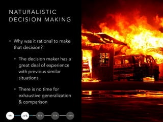 N AT U R A L I S T I C
D E C I S I O N M A K I N G
• Why was it rational to make
that decision?
• The decision maker has a
great deal of experience
with previous similar
situations.
• There is no time for
exhaustive generalization
& comparison
0 % 2 5 % 5 0 % 7 5 % 1 0 0 %
 