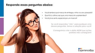 Responda essas perguntas abaixo:
Se você respondeu “não”, para qualquer uma
dessas perguntas, temos a solução para você!
Conseguimos criar o efeito WOW que ações
padrões não conseguem!
• Você lembra qual marca te entregou vinho no ano passado?
• Qual foi a ultima vez que uma marca te surpreendeu?
• Você já se sentiu especial por um marca?
 