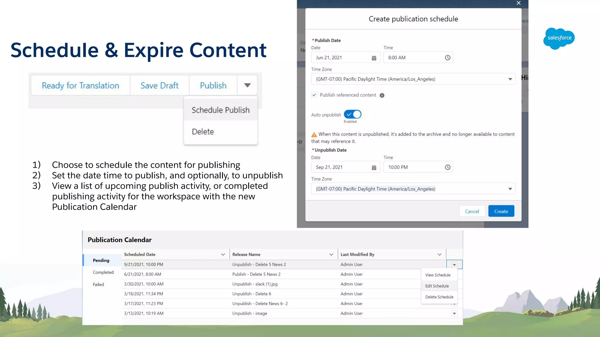 Schedule & Expire Content
1) Choose to schedule the content for publishing
2) Set the date time to publish, and optionally, to unpublish
3) View a list of upcoming publish activity, or completed
publishing activity for the workspace with the new
Publication Calendar
 