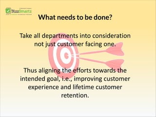 What needs to be done?
Take all departments into consideration
not just customer facing one.
Thus aligning the efforts towards the
intended goal, i.e., improving customer
experience and lifetime customer
retention.
 