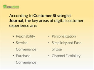 According to Customer Strategist
Journal, the key areas of digital customer
experience are:
• Reachability
• Service
Convenience
• Purchase
Convenience
• Personalization
• Simplicity and Ease
of Use
• Channel Flexibility
 