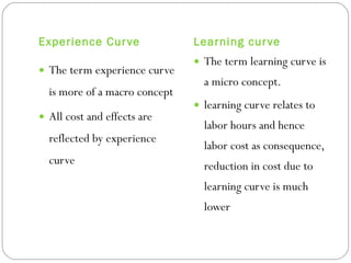 Experience Curve Learning curve The term experience curve is more of a macro concept All cost and effects are reflected by experience curve The term learning curve is a micro concept. learning curve relates to labor hours and hence labor cost as consequence, reduction in cost due to learning curve is much lower  