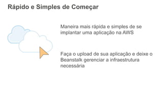 Rápido e Simples de Começar
Maneira mais rápida e simples de se
implantar uma aplicação na AWS
Faça o upload de sua aplicação e deixe o
Beanstalk gerenciar a infraestrutura
necessária
 