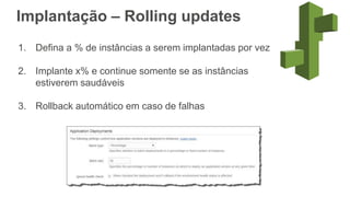 Implantação – Rolling updates
1. Defina a % de instâncias a serem implantadas por vez
2. Implante x% e continue somente se as instâncias
estiverem saudáveis
3. Rollback automático em caso de falhas
 