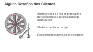 Alguns Desafios dos Clientes
Implantar código e não se preocupar o
provisionamento e gerenciamento da
infraestrutura
Não ter expertise ou tempo
Escalabilidade automática de aplicações
 