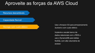 Use o Amazon S3 para armazenamento
durável e com custo efetivo
Implante e escale banco de
dados relacionais com o RDS e
use o DynamoDB para tablas
NoSQL com alta volumetria de
acesso
Recursos descartáveis
Capacidade flexível
Storage com custo efetivo
Aproveite as forças da AWS Cloud
 