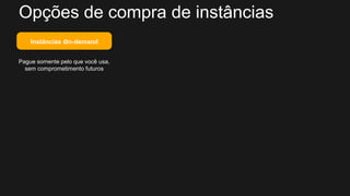 Pague somente pelo que você usa,
sem comprometimento futuros
Instâncias on-demand
Opções de compra de instâncias
 