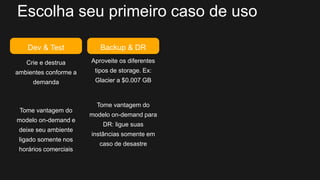 Escolha seu primeiro caso de uso
Dev & Test
Crie e destrua
ambientes conforme a
demanda
Tome vantagem do
modelo on-demand e
deixe seu ambiente
ligado somente nos
horários comerciais
Backup & DR
Aproveite os diferentes
tipos de storage. Ex:
Glacier a $0.007 GB
Tome vantagem do
modelo on-demand para
DR: ligue suas
instâncias somente em
caso de desastre
 