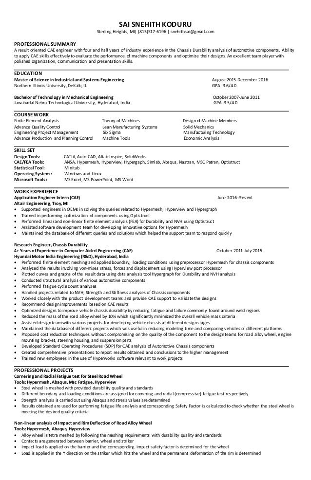 experienced cae fea engineer resume
