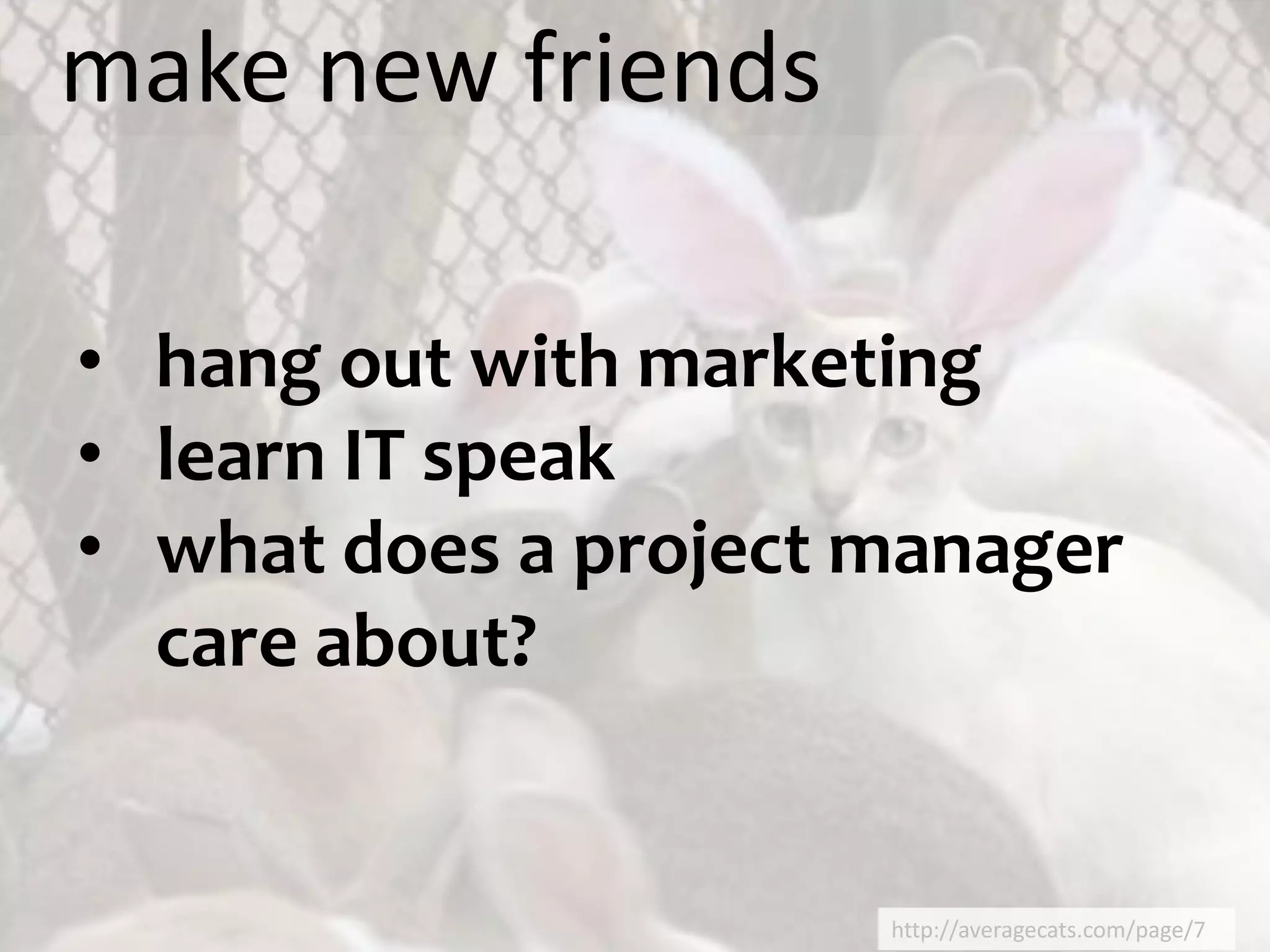 make new friends

• hang out with marketing
• learn IT speak
• what does a project manager
  care about?


                      http://averagecats.com/page/7
 