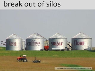 break out of silos




                http://www.flickr.com/photos/14617207@N00/4872111479
 