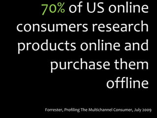 70%   of US online consumers research products online and purchase them offline Forrester, Profiling The Multichannel Consumer, July 2009 