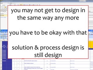 you may not get to design in the same way any more you have to be okay with that solution & process design is still design 