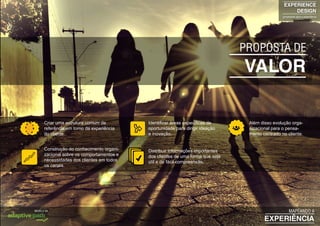 EXPERIENCE
DESIGN
projetando para a experiência
EXPERIÊNCIA
MAPEANDO AMODELO DA
VALOR
PROPOSTA DE
Criar uma estrutura comum de
referência em torno da experiência
do cliente.
Identificar áreas específicas de
oportunidade para dirigir ideação
e inovação.
Além disso evolução orga-
nizacional para o pensa-
mento centrado no cliente.
Distribuir informações importantes
dos clientes de uma forma que seja
útil e de fácil compreensão.
Construção do conhecimento organi-
zacional sobre os comportamentos e
necessidades dos clientes em todos
os canais.
 