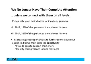 …unless we connect with them on all levels.
We No Longer Have Their Complete Attention
•People rely upon their devices for input and guidance
•In 2012, 15% of shoppers used their phones in store
•In 2014, 31% of shoppers used their phones in store
•This creates great opportunities to further connect with our
audience, but we must seize the opportunity
•Provide apps to support their efforts
•Identify their presence to tune messages
 