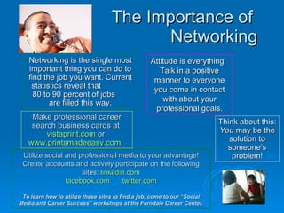 The Importance of  Networking Make professional career search business cards at  vistaprint.com  or  www.printsmadeeasy.com .  Networking is the single most important thing you can do to find the job you want. Current statistics reveal that  80 to 90 percent of jobs  are filled this way. Think about this:  You  may be the solution to someone’s problem! Attitude is everything.  Talk in a positive manner to everyone you come in contact with about your professional goals. Utilize social and professional media to your advantage! Create accounts and actively participate on the following sites:  linkedin.com facebook.com twitter.com To learn how to utilize these sites to find a job, come to our “Social Media and Career Success” workshops at the Ferndale Career Center. 