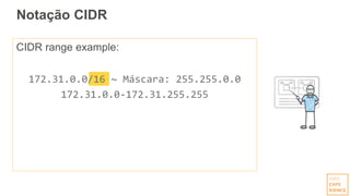Notação CIDR
CIDR range example:
172.31.0.0/16 ~ Máscara: 255.255.0.0
172.31.0.0-172.31.255.255
 