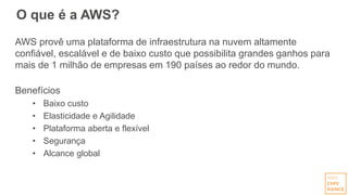 O que é a AWS?
AWS provê uma plataforma de infraestrutura na nuvem altamente
confiável, escalável e de baixo custo que possibilita grandes ganhos para
mais de 1 milhão de empresas em 190 países ao redor do mundo.
Benefícios
• Baixo custo
• Elasticidade e Agilidade
• Plataforma aberta e flexível
• Segurança
• Alcance global
 