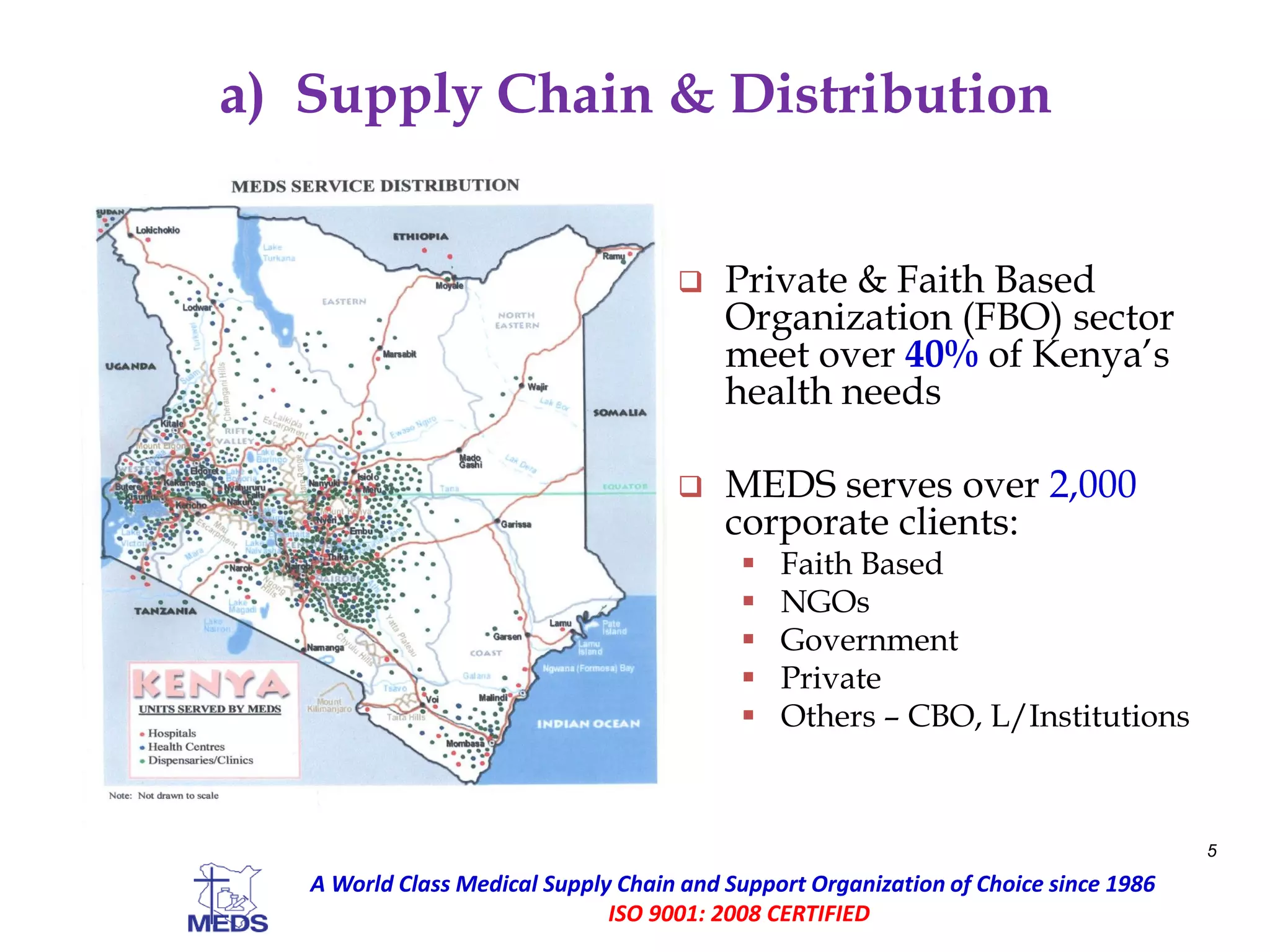 a) Supply Chain & Distribution
 Private & Faith Based
Organization (FBO) sector
meet over 40% of Kenya’s
health needs
 MEDS serves over 2,000
corporate clients:
 Faith Based
 NGOs
 Government
 Private
 Others – CBO, L/Institutions
5
A World Class Medical Supply Chain and Support Organization of Choice since 1986
ISO 9001: 2008 CERTIFIED
 