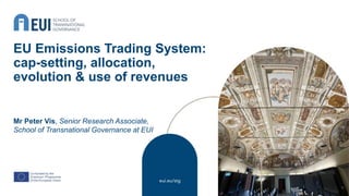 EU Emissions Trading System:
cap-setting, allocation,
evolution & use of revenues
Mr Peter Vis, Senior Research Associate,
School of Transnational Governance at EUI
 