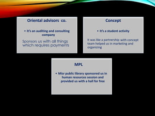 Oriental advisors co. Concept
• It’s an auditing and consulting
company
• It’s a student activity
It was like a partnership with concept
team helped us in marketing and
organizing
MPL
• Misr public library sponsored us in
human resources session and
provided us with a hall for free
Sponsors us with all things
which requires payments
 