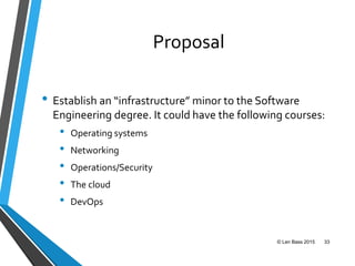 Proposal
• Establish an “infrastructure” minor to the Software
Engineering degree. It could have the following courses:
• Operating systems
• Networking
• Operations/Security
• The cloud
• DevOps
© Len Bass 2015 33
 