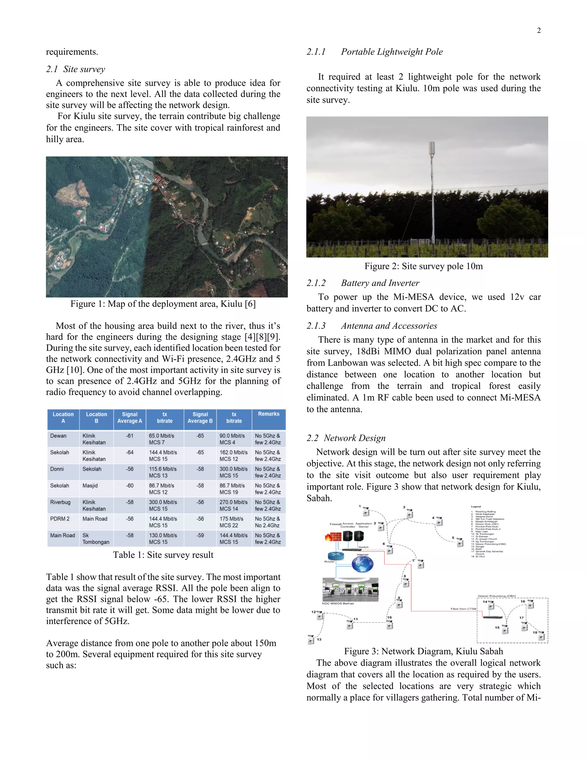 2
requirements.
2.1 Site survey
A comprehensive site survey is able to produce idea for
engineers to the next level. All the data collected during the
site survey will be affecting the network design.
For Kiulu site survey, the terrain contribute big challenge
for the engineers. The site cover with tropical rainforest and
hilly area.
Figure 1: Map of the deployment area, Kiulu [6]
Most of the housing area build next to the river, thus it’s
hard for the engineers during the designing stage [4][8][9].
During the site survey, each identified location been tested for
the network connectivity and Wi-Fi presence, 2.4GHz and 5
GHz [10]. One of the most important activity in site survey is
to scan presence of 2.4GHz and 5GHz for the planning of
radio frequency to avoid channel overlapping.
Table 1: Site survey result
Table 1 show that result of the site survey. The most important
data was the signal average RSSI. All the pole been align to
get the RSSI signal below -65. The lower RSSI the higher
transmit bit rate it will get. Some data might be lower due to
interference of 5GHz.
Average distance from one pole to another pole about 150m
to 200m. Several equipment required for this site survey
such as:
2.1.1 Portable Lightweight Pole
It required at least 2 lightweight pole for the network
connectivity testing at Kiulu. 10m pole was used during the
site survey.
Figure 2: Site survey pole 10m
2.1.2 Battery and Inverter
To power up the Mi-MESA device, we used 12v car
battery and inverter to convert DC to AC.
2.1.3 Antenna and Accessories
There is many type of antenna in the market and for this
site survey, 18dBi MIMO dual polarization panel antenna
from Lanbowan was selected. A bit high spec compare to the
distance between one location to another location but
challenge from the terrain and tropical forest easily
eliminated. A 1m RF cable been used to connect Mi-MESA
to the antenna.
2.2 Network Design
Network design will be turn out after site survey meet the
objective. At this stage, the network design not only referring
to the site visit outcome but also user requirement play
important role. Figure 3 show that network design for Kiulu,
Sabah.
Figure 3: Network Diagram, Kiulu Sabah
The above diagram illustrates the overall logical network
diagram that covers all the location as required by the users.
Most of the selected locations are very strategic which
normally a place for villagers gathering. Total number of Mi-
 