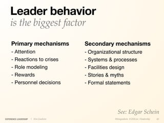 Leader behavior
    is the biggest factor
     Primary mechanisms                 Secondary mechanisms
     - Attention                        - Organizational structure
     - Reactions to crises              - Systems & processes
     - Role modeling                    - Facilities design
     - Rewards                          - Stories & myths
     - Personnel decisions              - Formal statements




                                                       See: Edgar Schein
EXPERIENCE LEADERSHIP   | Kim Goodwin                @kimgoodwin #UXILive #leadership   45
 