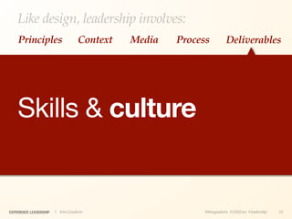 Like design, leadership involves:
    Principles                    Context   Media   Process         Deliverables




    Skills & culture


EXPERIENCE LEADERSHIP   | Kim Goodwin                     @kimgoodwin #UXILive #leadership   15
 