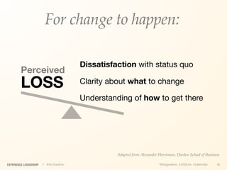 For change to happen:

                                        Dissatisfaction with status quo
         Perceived
         LOSS                           Clarity about what to change

                                        Understanding of how to get there




                                                  Adapted from Alexander Horniman, Darden School of Business

EXPERIENCE LEADERSHIP   | Kim Goodwin                                    @kimgoodwin #UXILive #leadership   30
 