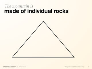 The mountain is
  made of individual rocks




EXPERIENCE LEADERSHIP   | Kim Goodwin   @kimgoodwin #UXILive #leadership   32
 