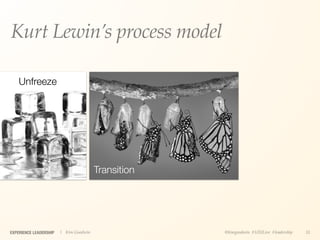 Kurt Lewin’s process model

    Unfreeze




                                        Transition




EXPERIENCE LEADERSHIP   | Kim Goodwin                @kimgoodwin #UXILive #leadership   33
 