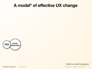 A model* of effective UX change




             LOCAL
  YOU       COALITION




                                         * which is a work in progress
EXPERIENCE LEADERSHIP   | Kim Goodwin    @kimgoodwin #UXILive #leadership   37
 