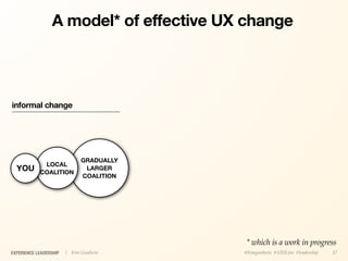 A model* of effective UX change




informal change




                              GRADUALLY
             LOCAL
  YOU       COALITION
                               LARGER
                              COALITION




                                          * which is a work in progress
EXPERIENCE LEADERSHIP   | Kim Goodwin     @kimgoodwin #UXILive #leadership   37
 