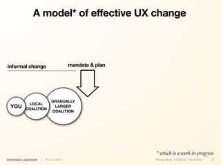 A model* of effective UX change




informal change                         mandate & plan




                              GRADUALLY
             LOCAL
  YOU       COALITION
                               LARGER
                              COALITION




                                                         * which is a work in progress
EXPERIENCE LEADERSHIP   | Kim Goodwin                    @kimgoodwin #UXILive #leadership   37
 