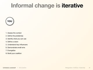 Informal change is iterative

       YOU




    1. Assess the context
    2. Deﬁne the problem(s)
    3. Identify what you can use
    4. Deﬁne a vision
    5. Understand key inﬂuencers
    6. Demonstrate small wins
    7. Evangelize
    8. Build your coalition




EXPERIENCE LEADERSHIP   | Kim Goodwin   @kimgoodwin #UXILive #leadership   39
 