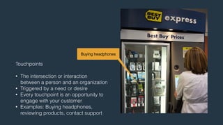 Buying headphones 
Touchpoints 
! 
• The intersection or interaction 
between a person and an organization 
• Triggered by a need or desire 
• Every touchpoint is an opportunity to 
engage with your customer 
• Examples: Buying headphones, 
reviewing products, contact support 
 
