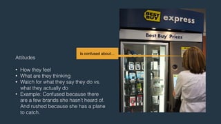 Is confused about… 
Attitudes 
! 
• How they feel 
• What are they thinking 
• Watch for what they say they do vs. 
what they actually do 
• Example: Confused because there 
are a few brands she hasn’t heard of. 
And rushed because she has a plane 
to catch. 
 