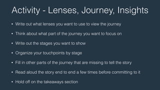 Activity - Lenses, Journey, Insights 
• Write out what lenses you want to use to view the journey 
• Think about what part of the journey you want to focus on 
• Write out the stages you want to show 
• Organize your touchpoints by stage 
• Fill in other parts of the journey that are missing to tell the story 
• Read aloud the story end to end a few times before committing to it 
• Hold off on the takeaways section 
 