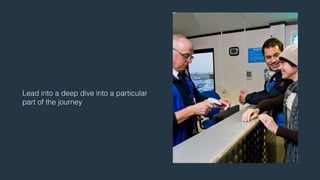 Lead into a deep dive into a particular 
part of the journey 
 