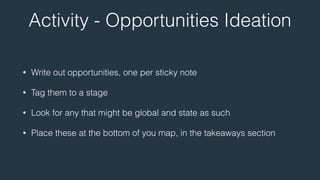 Activity - Opportunities Ideation 
• Write out opportunities, one per sticky note 
• Tag them to a stage 
• Look for any that might be global and state as such 
• Place these at the bottom of you map, in the takeaways section 
 