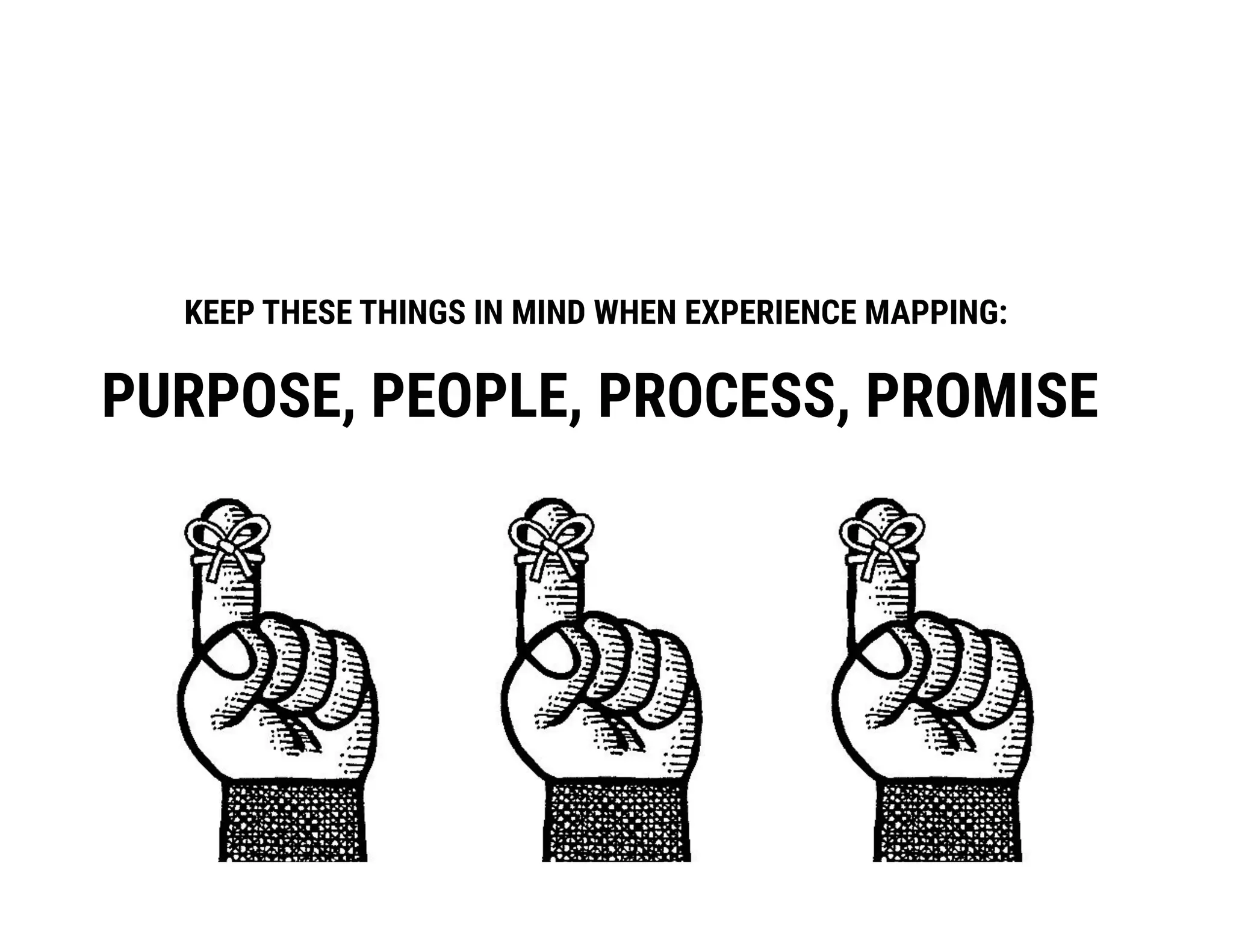 KEEP THESE THINGS IN MIND WHEN EXPERIENCE MAPPING:
PURPOSE, PEOPLE, PROCESS, PROMISE
 