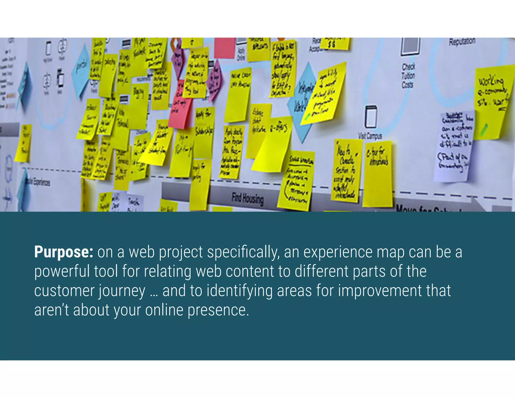 Purpose: on a web project speciﬁcally, an experience map can be a
powerful tool for relating web content to different parts of the
customer journey … and to identifying areas for improvement that
aren’t about your online presence.
 