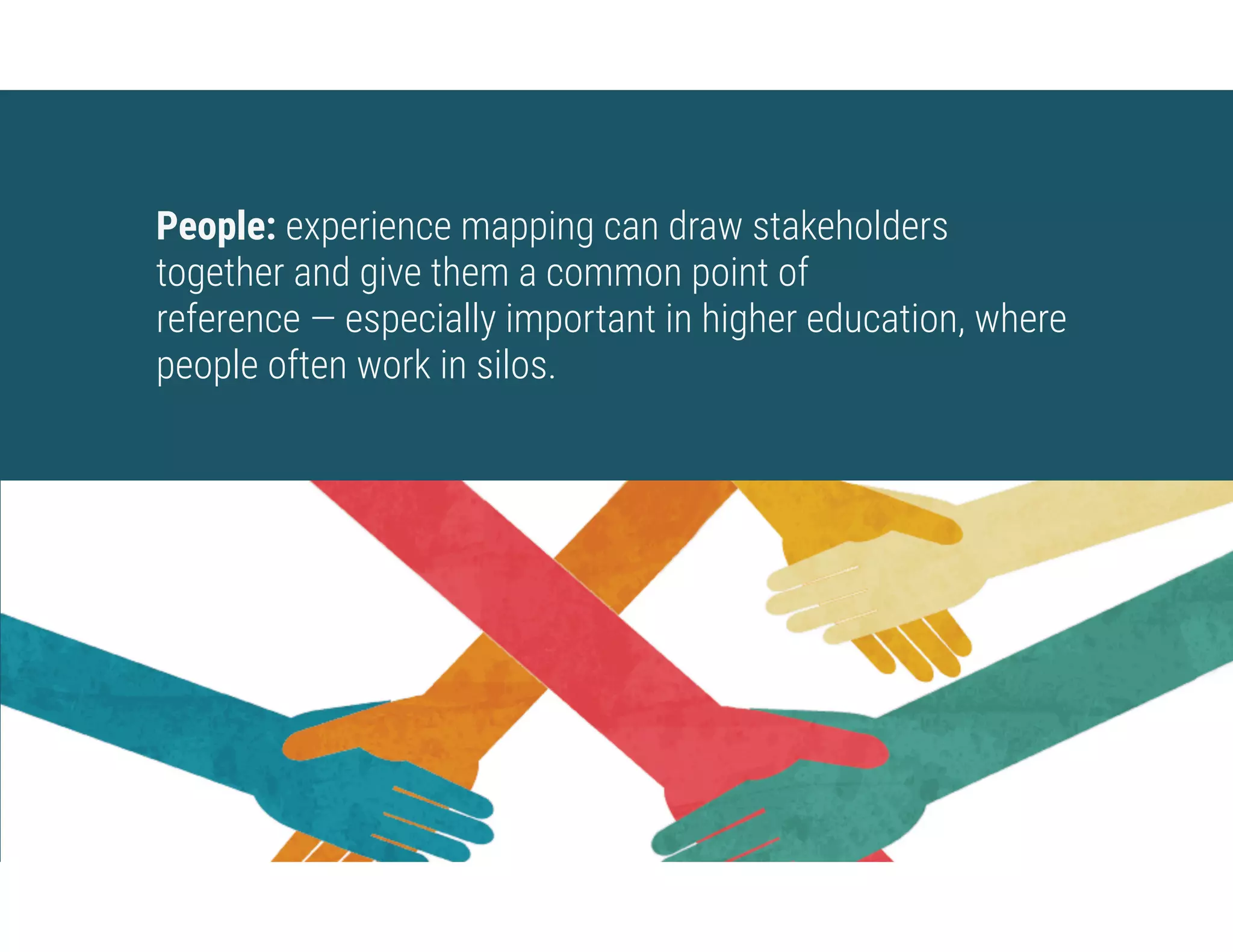 People: experience mapping can draw stakeholders
together and give them a common point of
reference — especially important in higher education, where
people often work in silos.
 